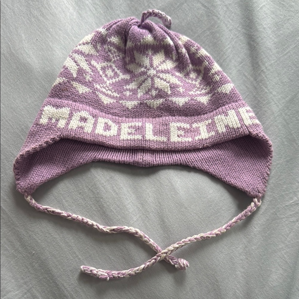 Purple and White Toddler Winter Hat - Embroidered with “Madeleine”
